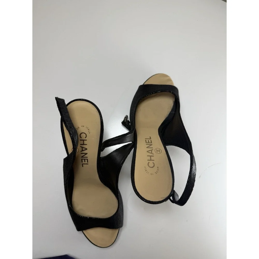 Chanel Black CC Logo Heel Peep Toe Platform Slingback Heels Shoes Size 37.5 US 7